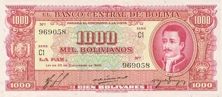 Front of Bolivia p149: 1000 Bolivianos from 1945