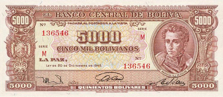 Front of Bolivia p150: 5000 Bolivianos from 1945