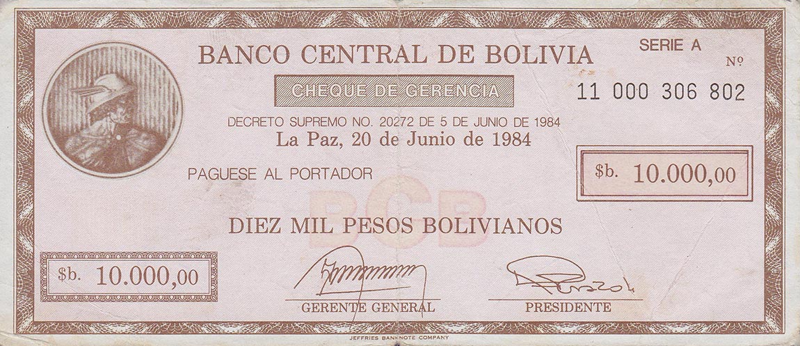 Front of Bolivia p183: 10000 Pesos Bolivianos from 1984