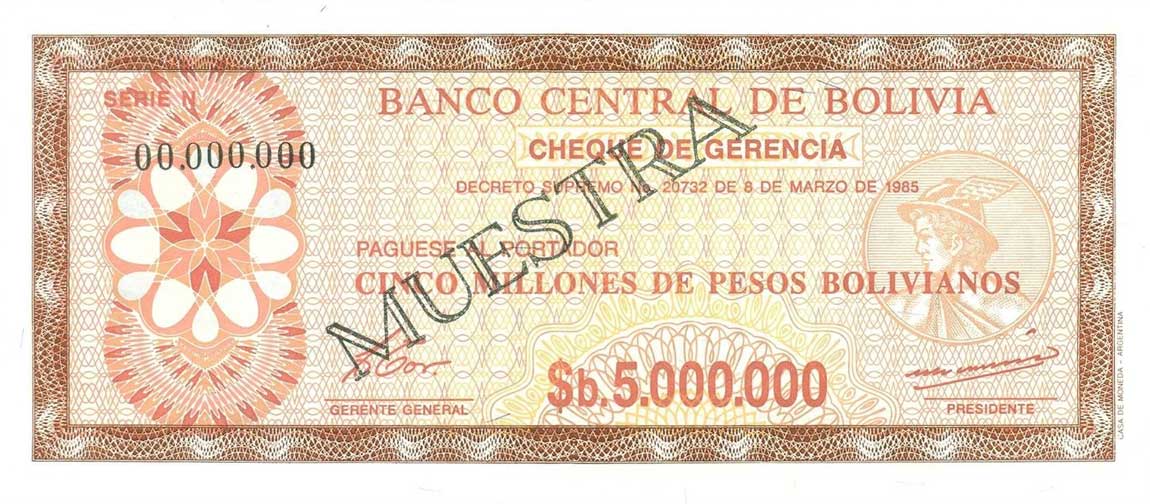 Front of Bolivia p193s: 5000000 Pesos Bolivianos from 1985