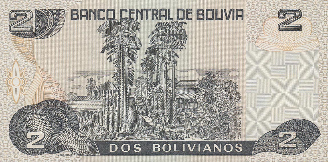 Back of Bolivia p202a: 2 Boliviano from 1987