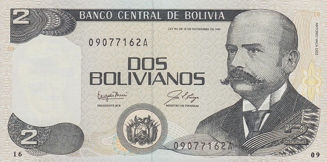 Front of Bolivia p202a: 2 Boliviano from 1987