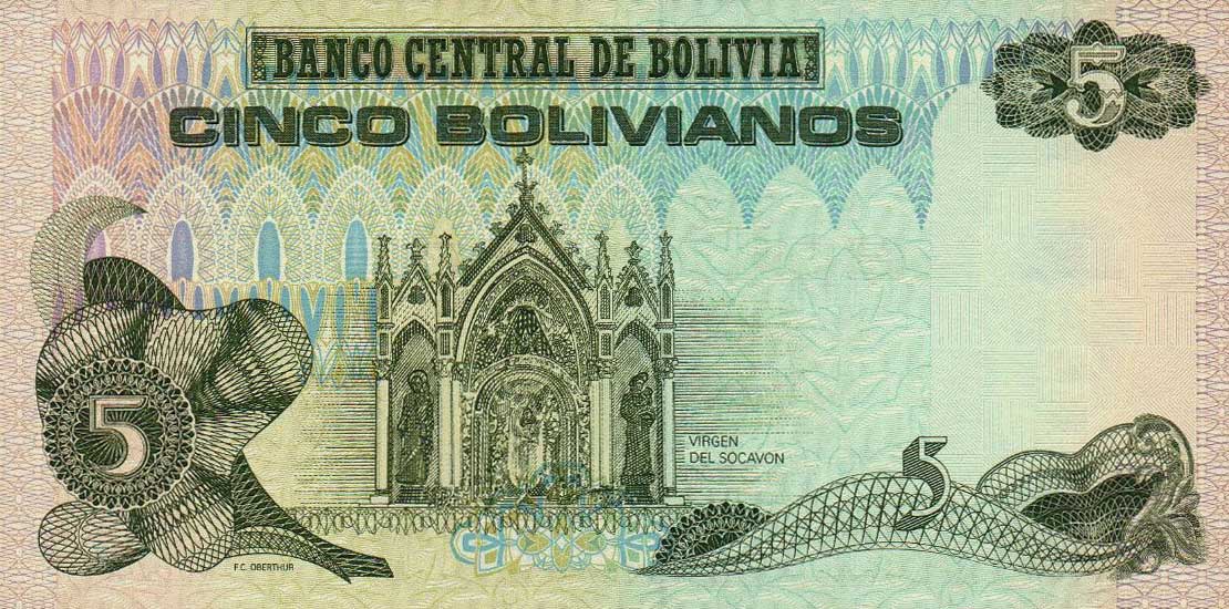 Back of Bolivia p203b: 5 Boliviano from 1990