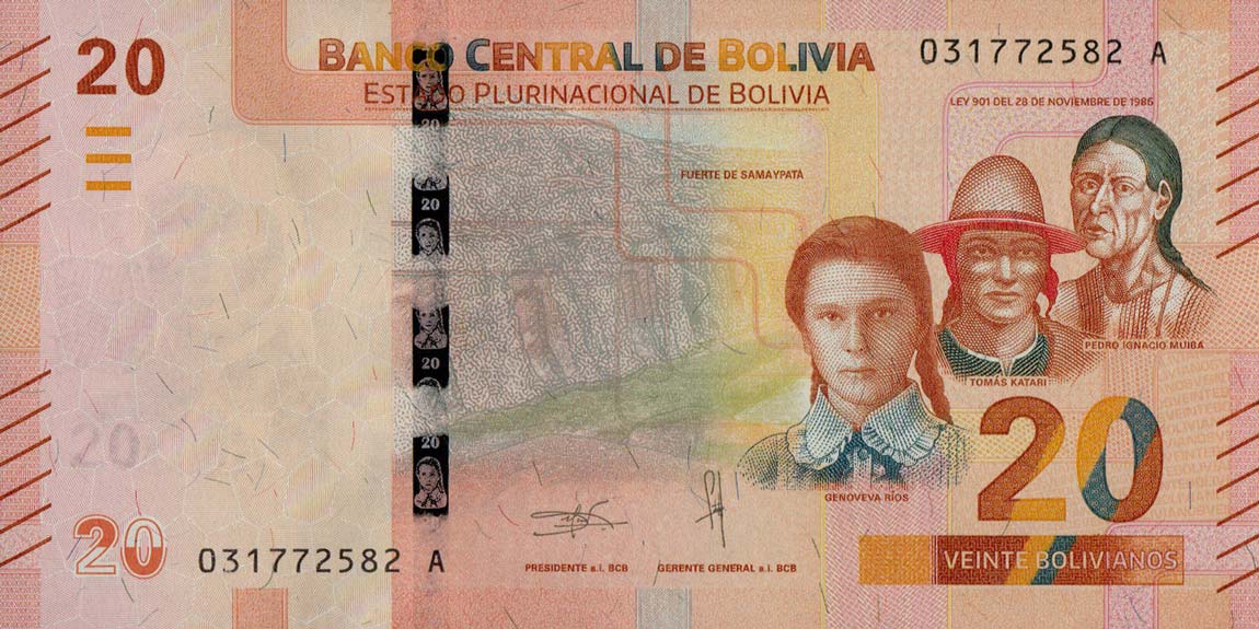 Front of Bolivia p249: 20 Bolivianos from 2018