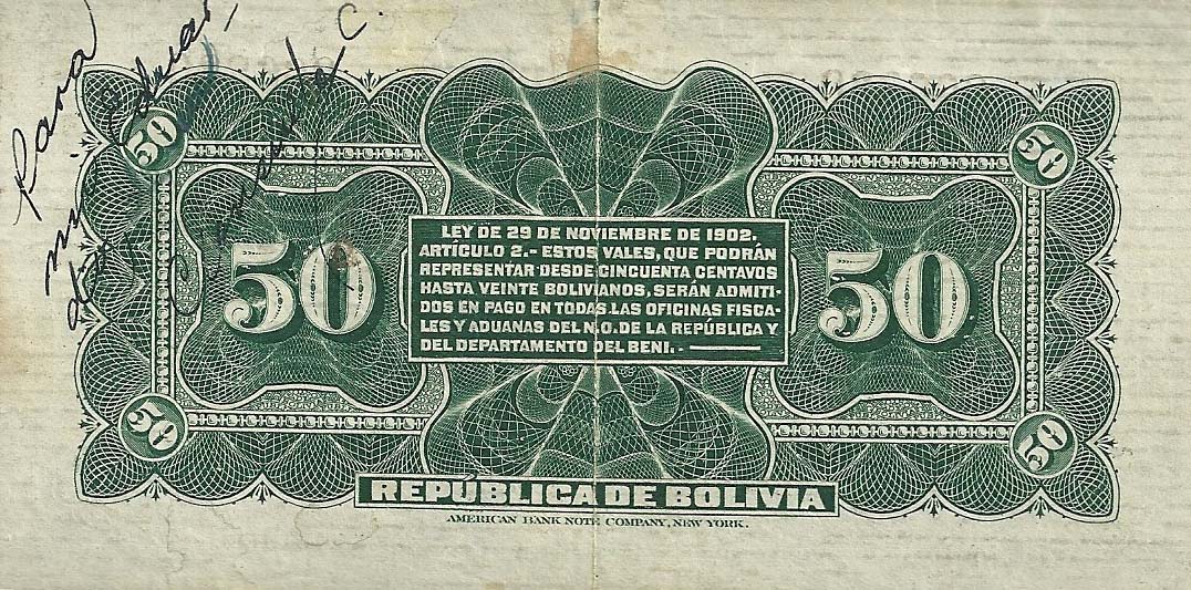 Back of Bolivia p91a: 50 Centavos from 1902