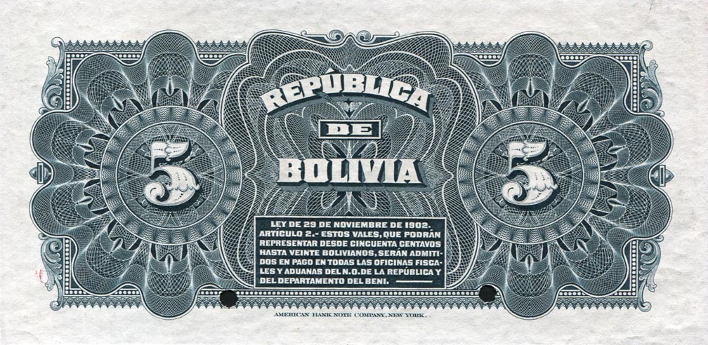 Back of Bolivia p93s: 5 Bolivianos from 1902