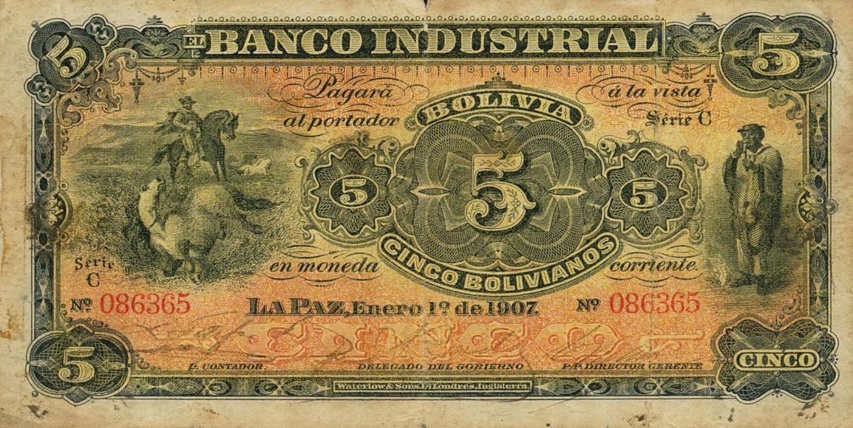 Front of Bolivia pS162: 5 Bolivianos from 1907