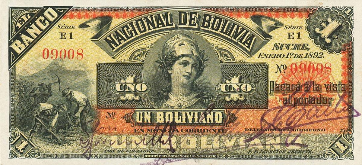 Front of Bolivia pS211b: 1 Boliviano from 1892