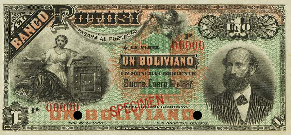 Front of Bolivia pS221s: 1 Boliviano from 1887