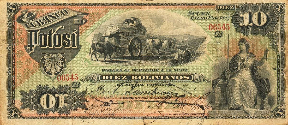 Front of Bolivia pS223a: 10 Bolivianos from 1887