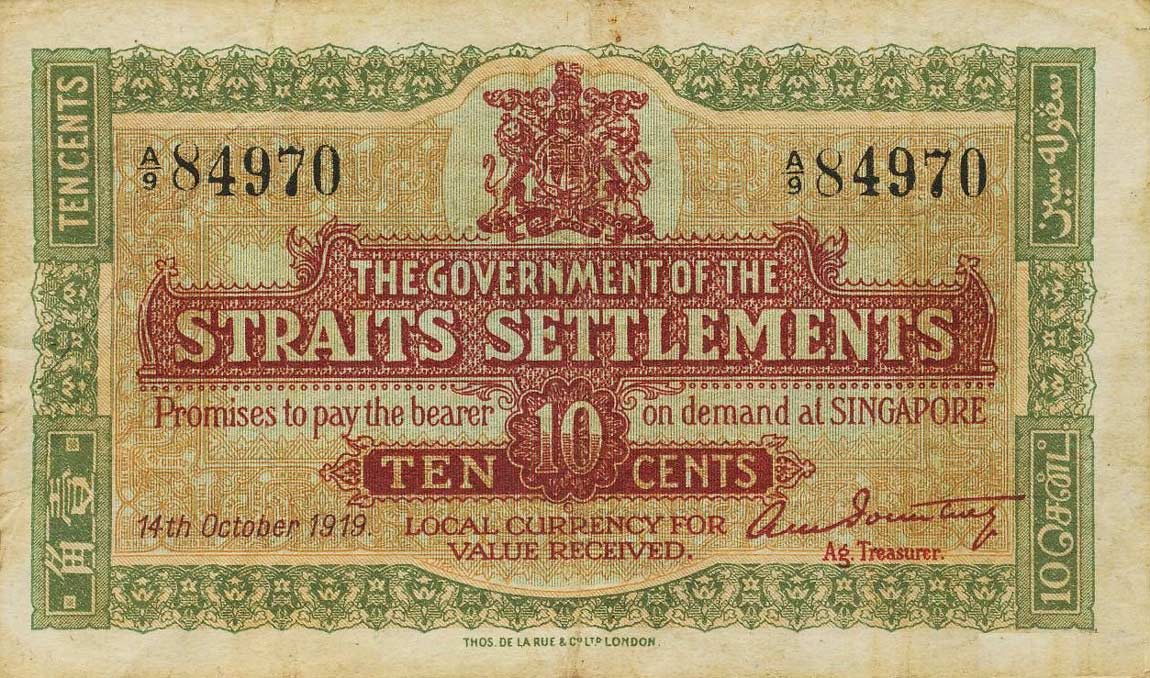 Front of Straits Settlements p8a: 10 Cents from 1919