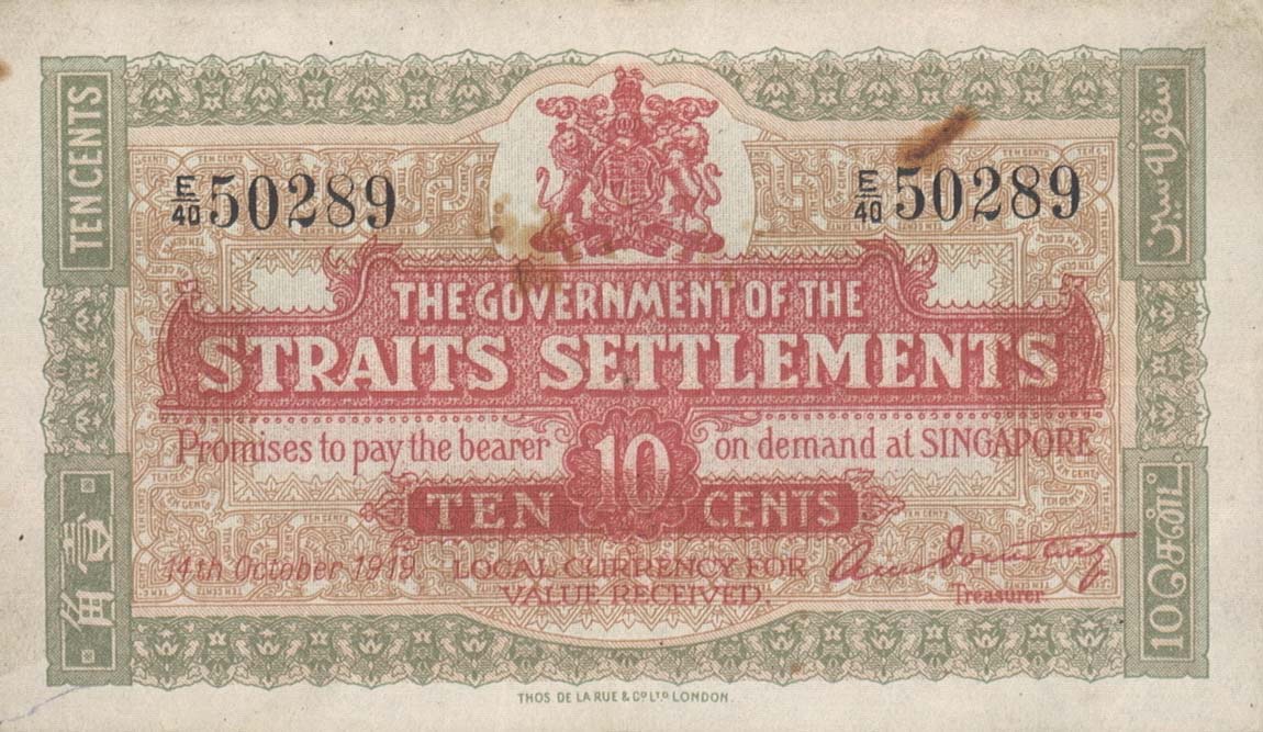 Front of Straits Settlements p8b: 10 Cents from 1919