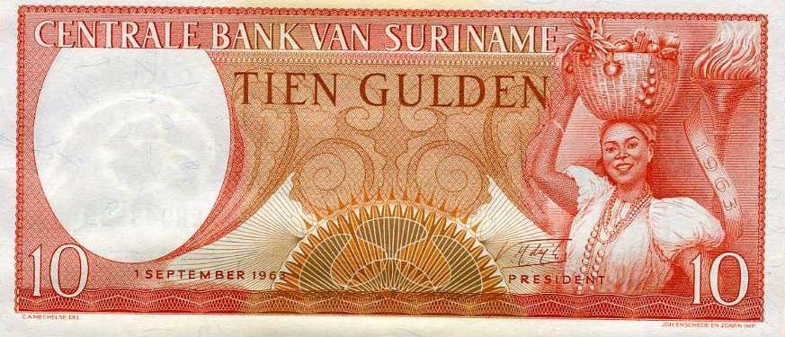 Front of Suriname p121b: 10 Gulden from 1963