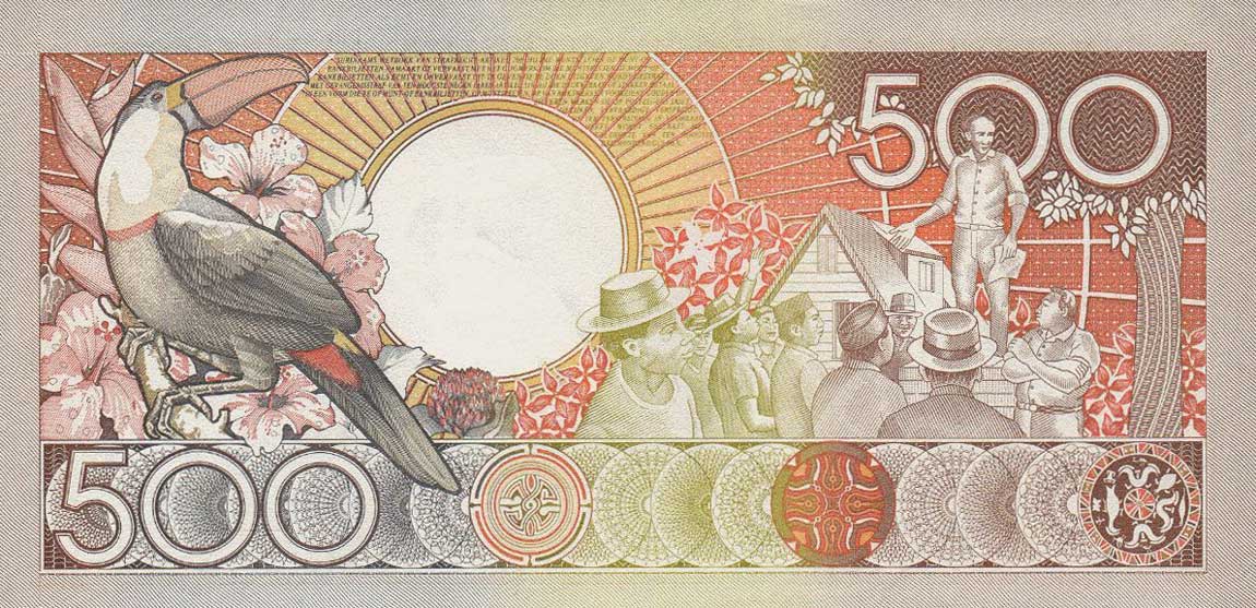 Back of Suriname p135a: 500 Gulden from 1986