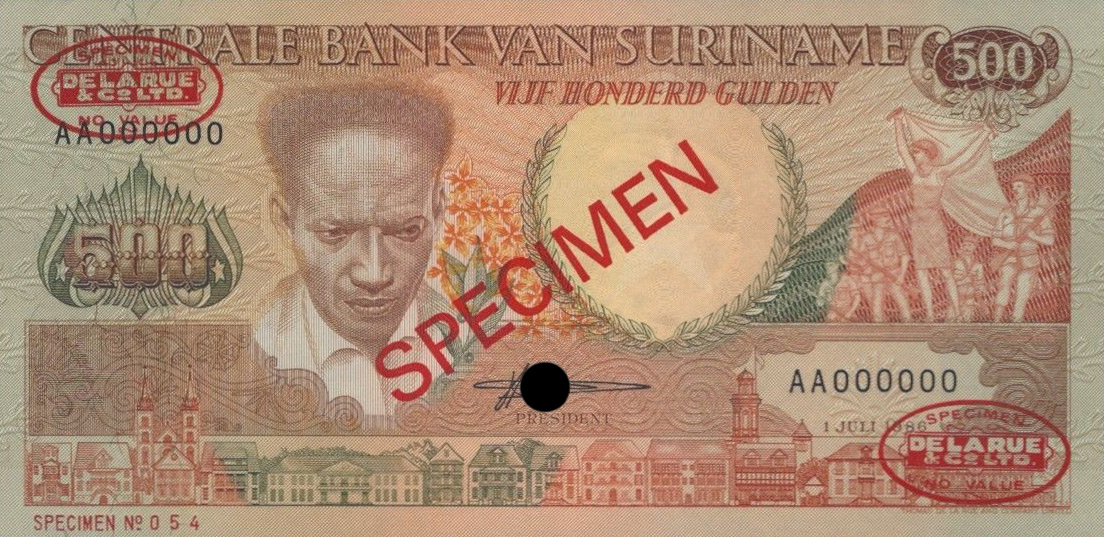 Front of Suriname p135s: 500 Gulden from 1986