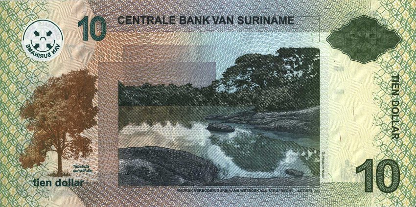 Back of Suriname p158a: 10 Dollars from 2004