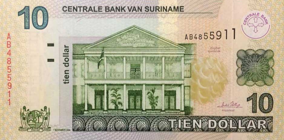 Front of Suriname p158b: 10 Dollars from 2004