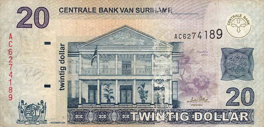 Front of Suriname p159b: 20 Dollars from 2004