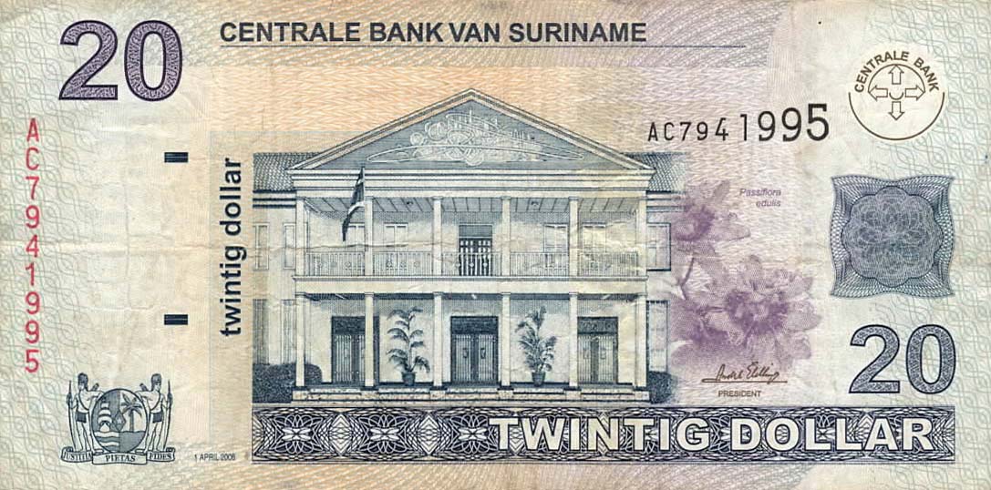 Front of Suriname p159c: 20 Dollars from 2006