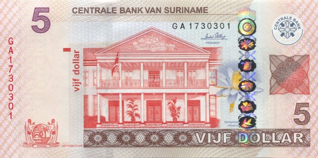 Front of Suriname p162a: 5 Dollars from 2010