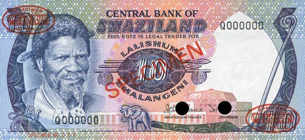 Front of Swaziland p10s1: 10 Emalangeni from 1982