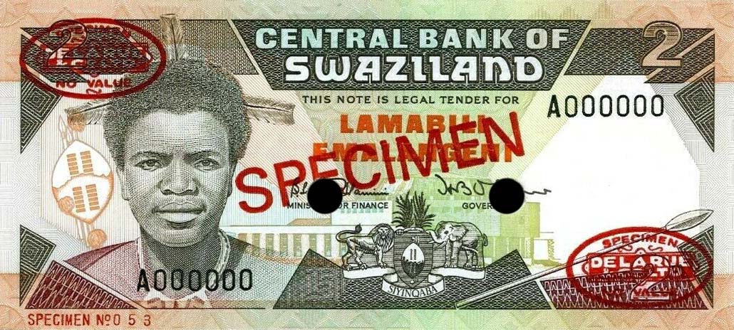 Front of Swaziland p13s: 2 Emalangeni from 1987