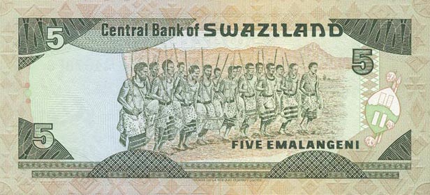 Back of Swaziland p14a: 5 Emalangeni from 1987