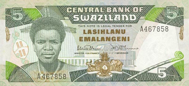 Front of Swaziland p14a: 5 Emalangeni from 1987