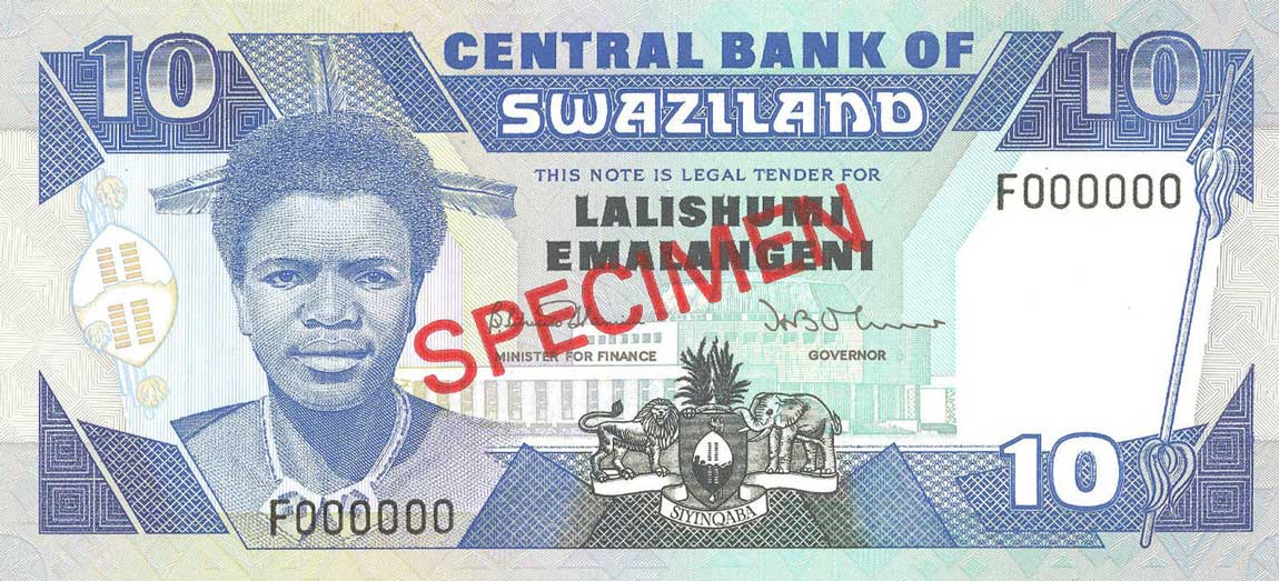 Front of Swaziland p15s: 10 Emalangeni from 1986