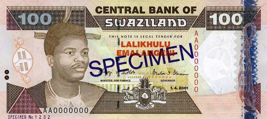 Front of Swaziland p32s: 100 Emalangeni from 2001