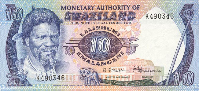 Front of Swaziland p4a: 10 Emalangeni from 1974