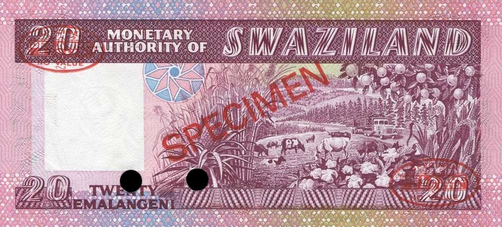 Back of Swaziland p5s: 20 Emalangeni from 1978