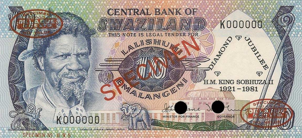Front of Swaziland p6s: 10 Emalangeni from 1981