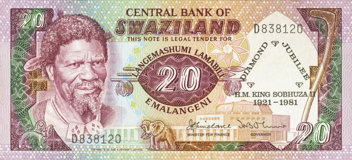 Front of Swaziland p7a: 20 Emalangeni from 1981