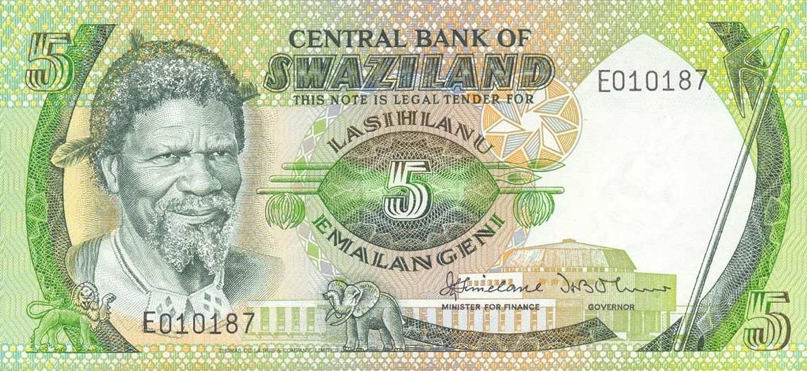 Front of Swaziland p9a: 5 Emalangeni from 1982