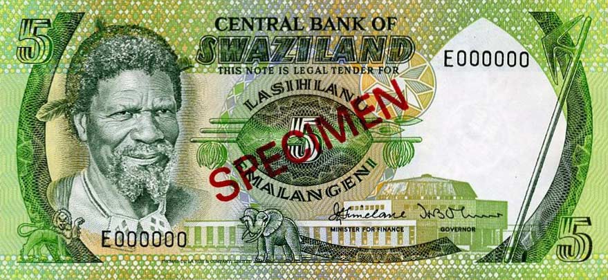 Front of Swaziland p9s1: 5 Emalangeni from 1982