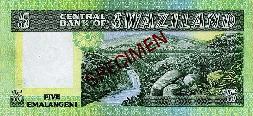 Back of Swaziland p9s2: 5 Emalangeni from 1984