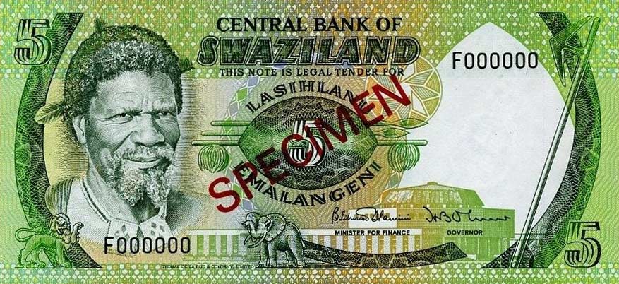 Front of Swaziland p9s2: 5 Emalangeni from 1984