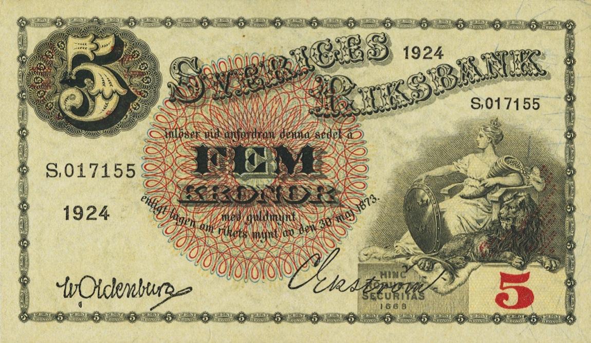 Front of Sweden p33g: 5 Kronor from 1924