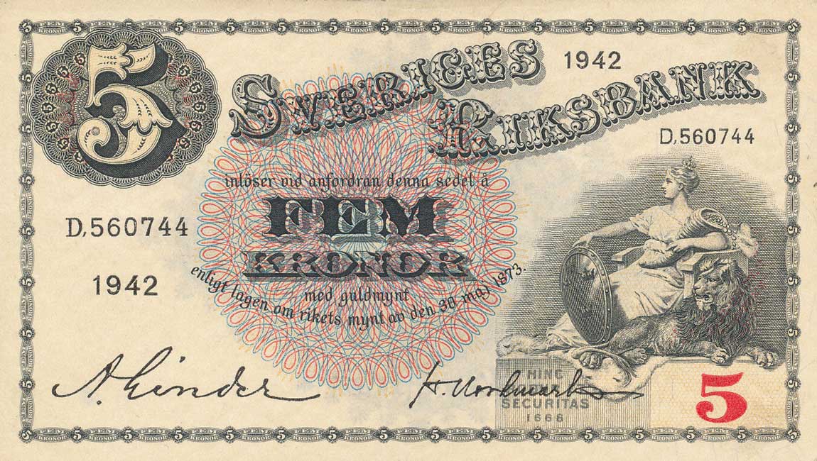 Front of Sweden p33y: 5 Kronor from 1942