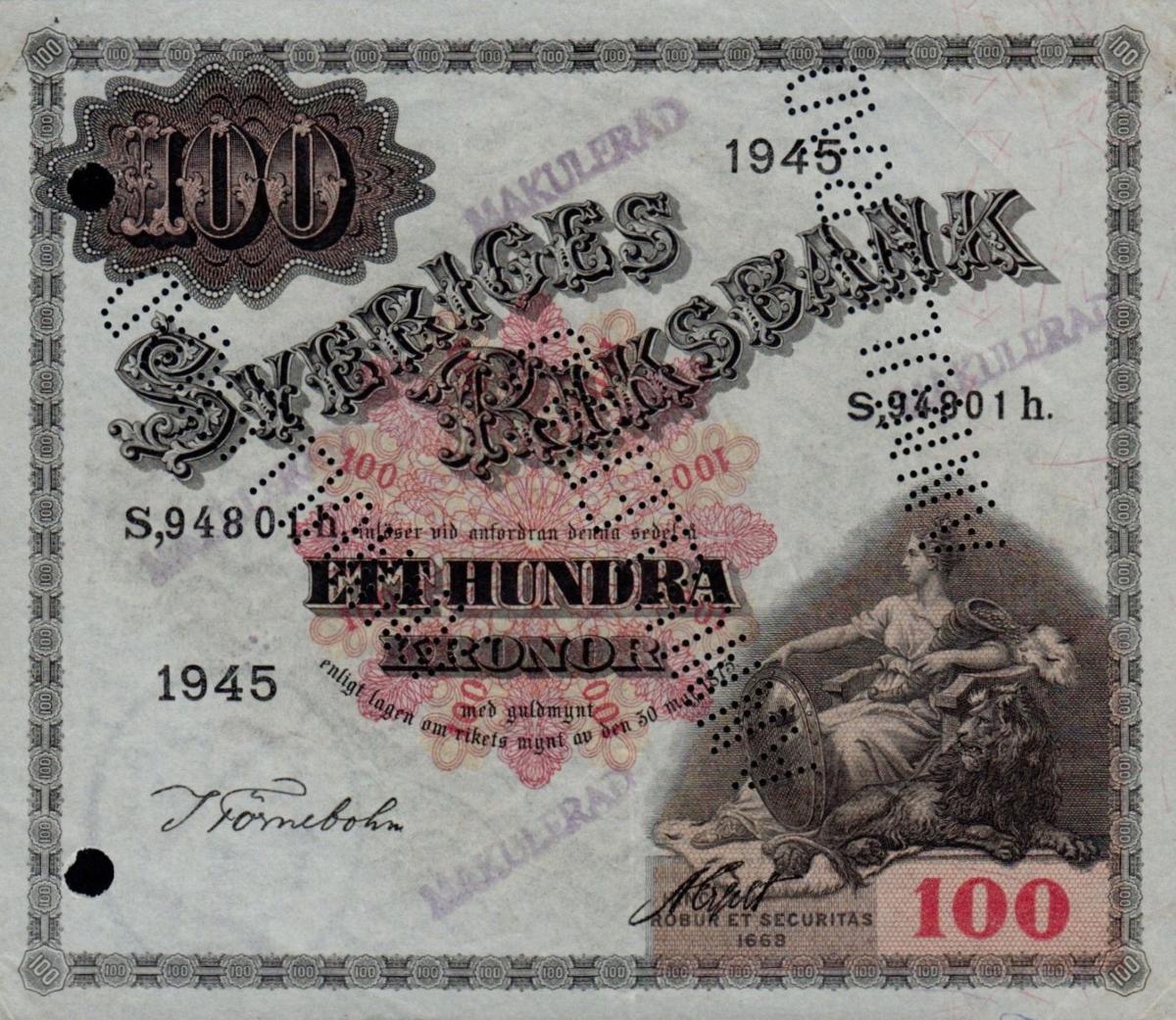 Front of Sweden p36aa: 100 Kronor from 1945