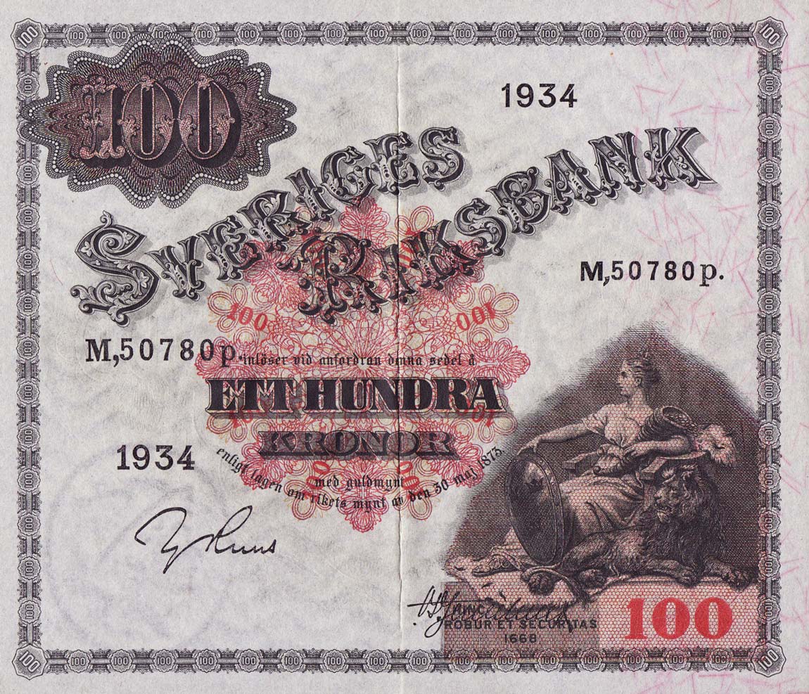 Front of Sweden p36q: 100 Kronor from 1934