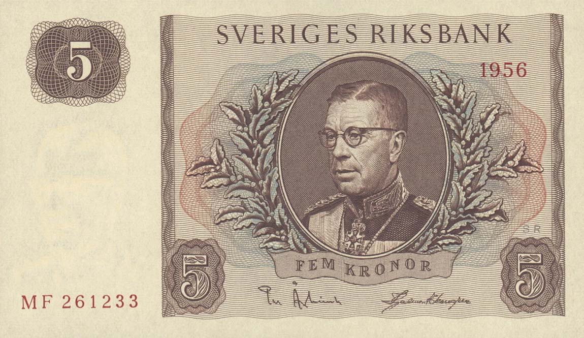 Front of Sweden p42c: 5 Kronor from 1956