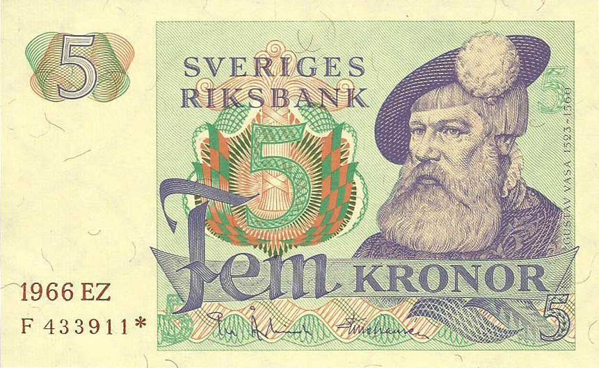 Front of Sweden p51r1: 5 Kronor from 1965