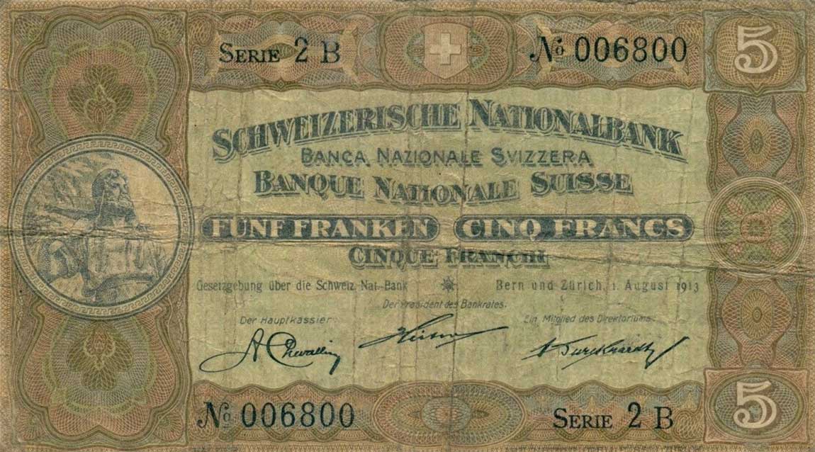Front of Switzerland p11a: 5 Franken from 1913