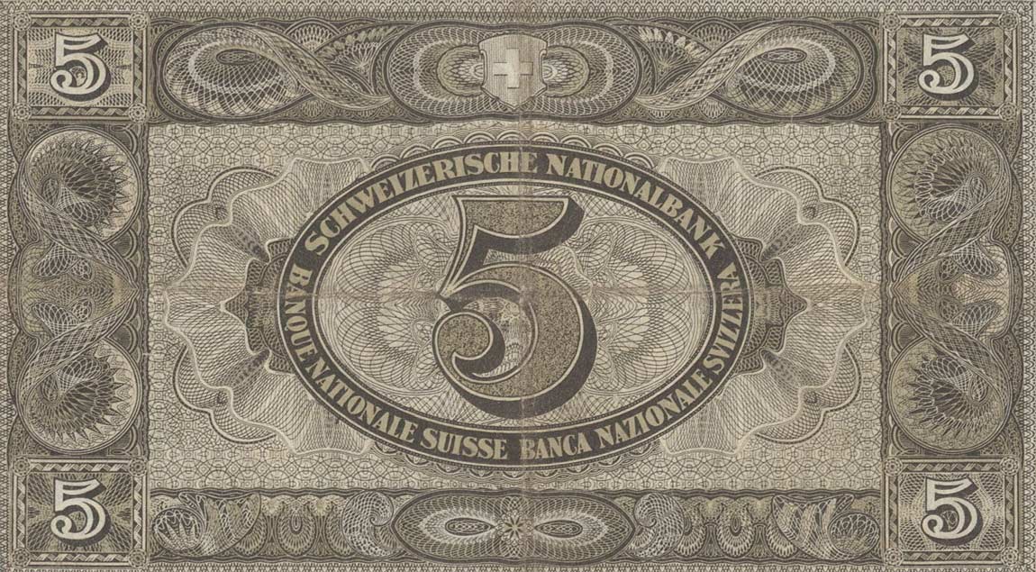 Back of Switzerland p11d: 5 Franken from 1919