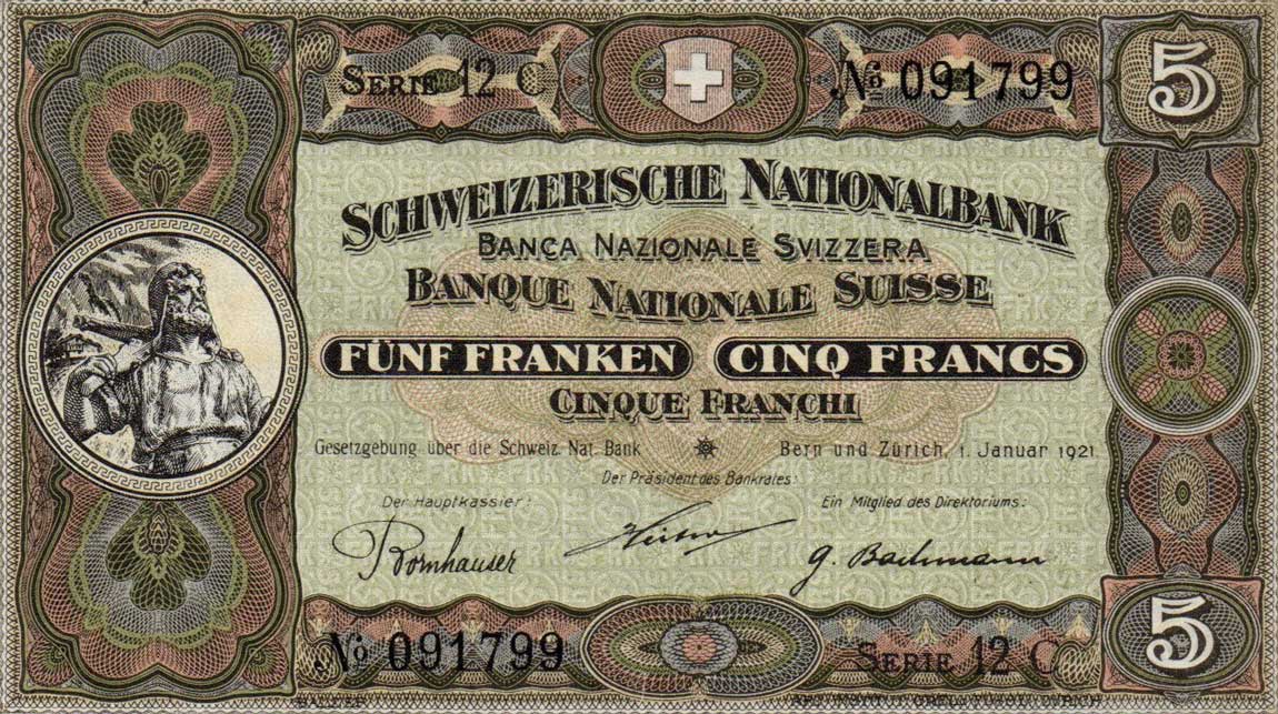 Front of Switzerland p11e: 5 Franken from 1921