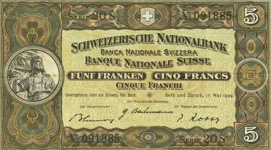 Front of Switzerland p11i: 5 Franken from 1939