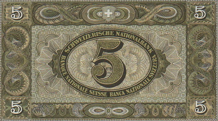 Back of Switzerland p11j: 5 Franken from 1942