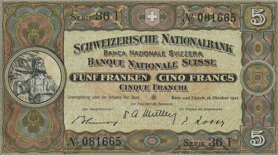 Front of Switzerland p11m: 5 Franken from 1947